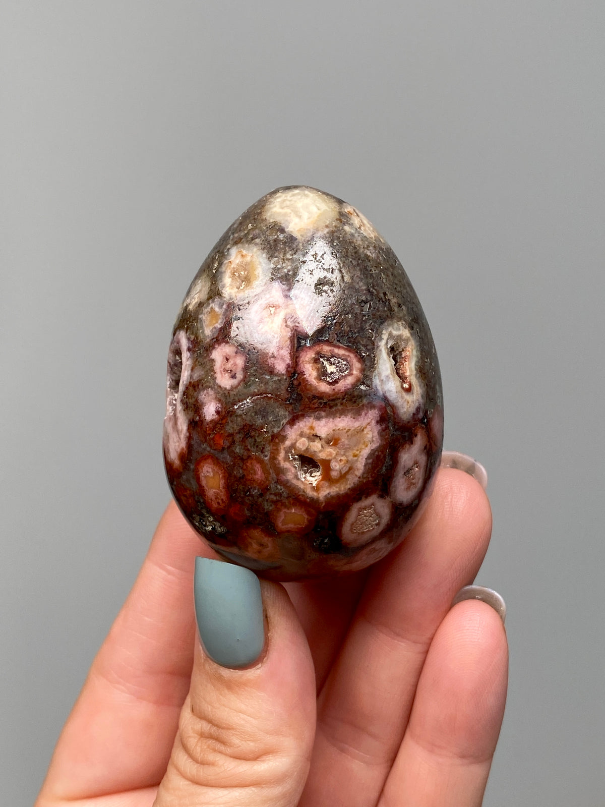 King Cobra Jasper Egg (E) | Red, Pink & Grey Cobra Jasper Crystal Egg with Vugs