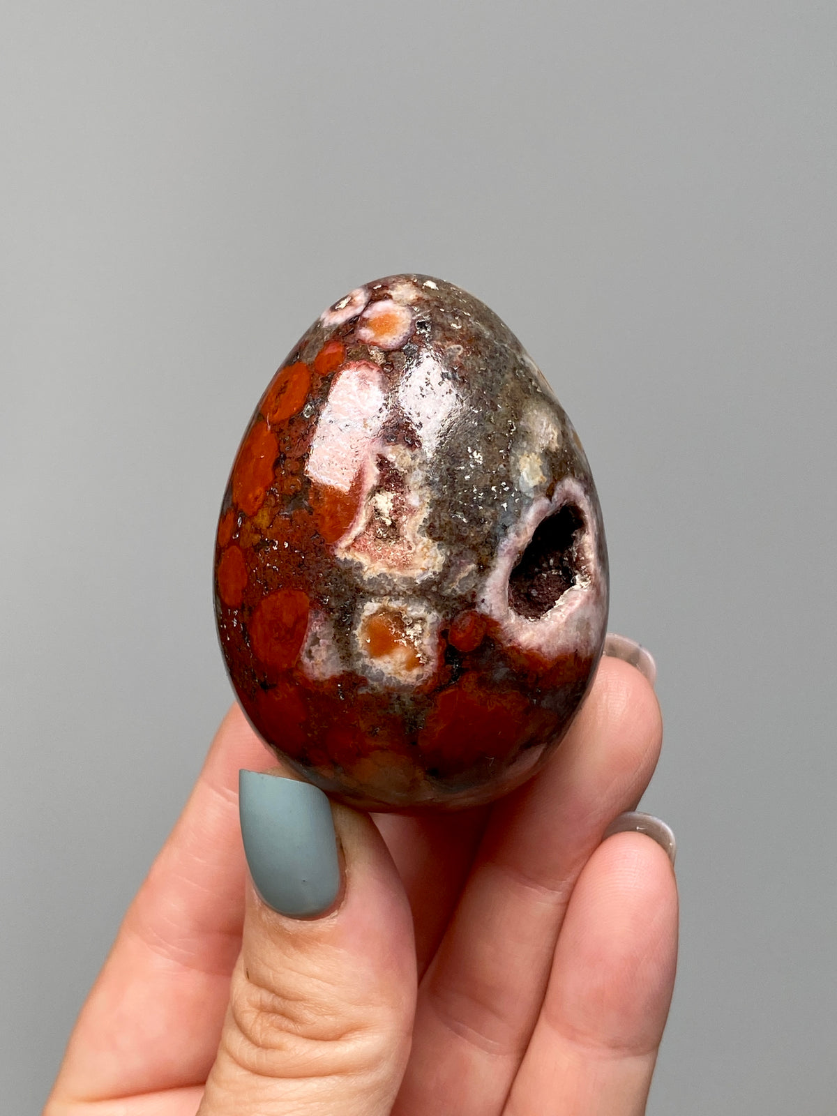 King Cobra Jasper Egg (E) | Red, Pink & Grey Cobra Jasper Crystal Egg with Vugs