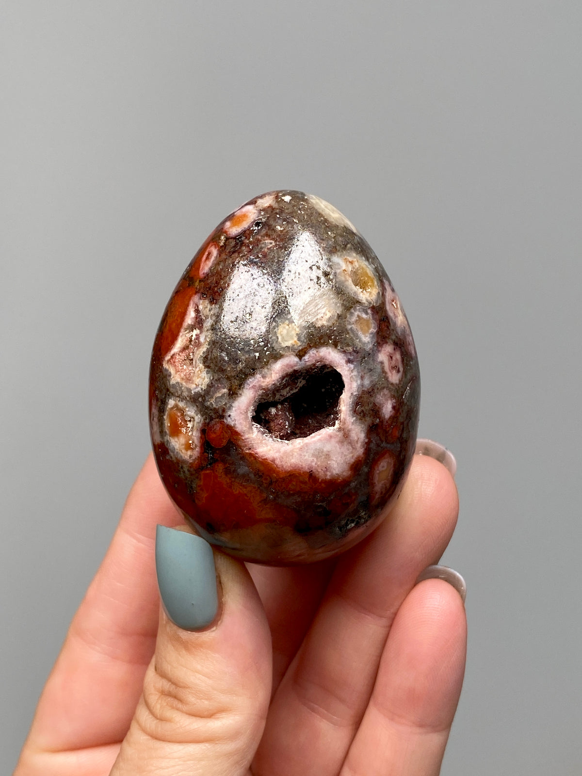 King Cobra Jasper Egg (E) | Red, Pink & Grey Cobra Jasper Crystal Egg with Vugs