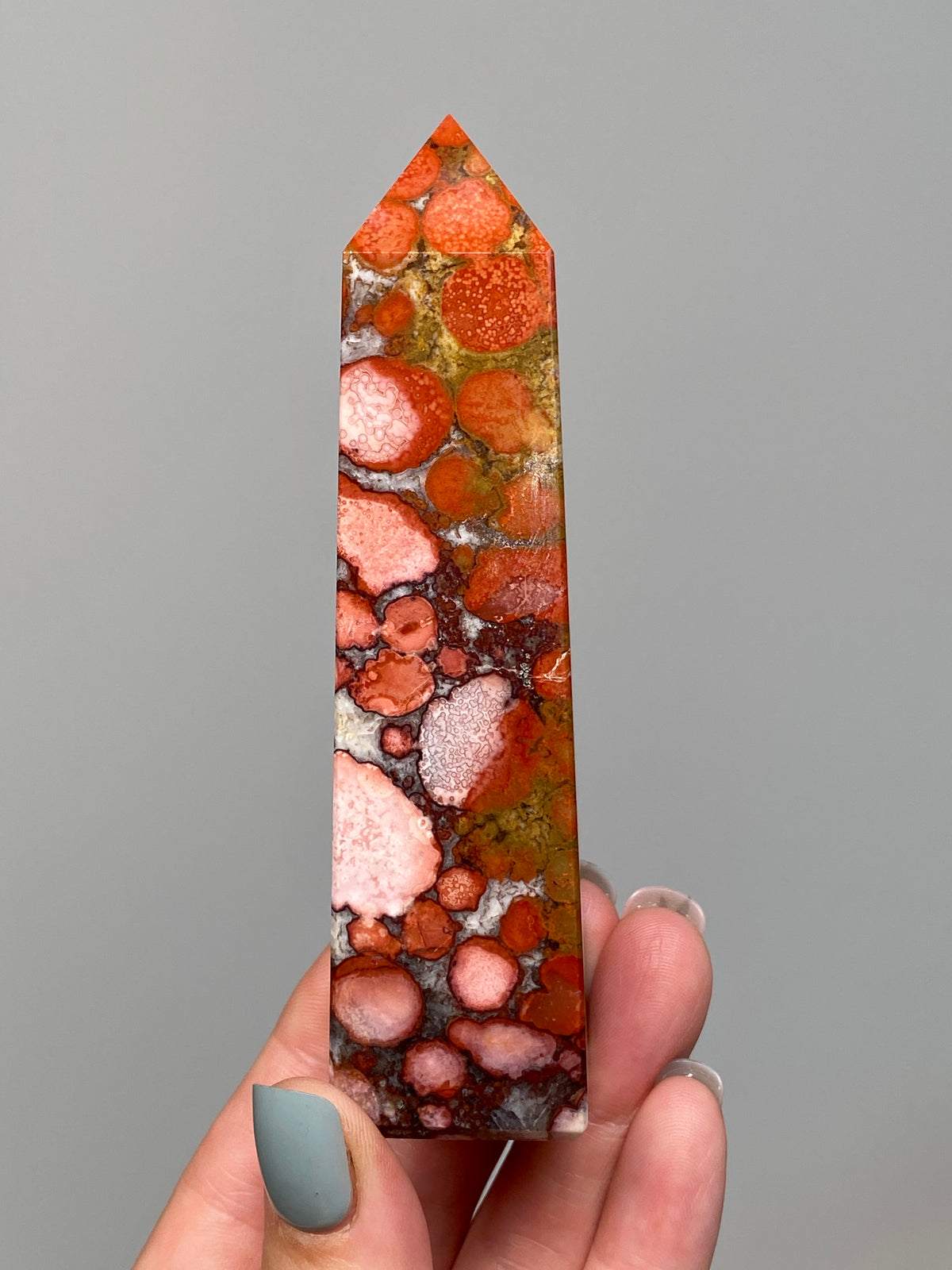 Red King Cobra Jasper Tower (E) | Red, Yellow & Pink Cobra Jasper Obelisk with Quartz