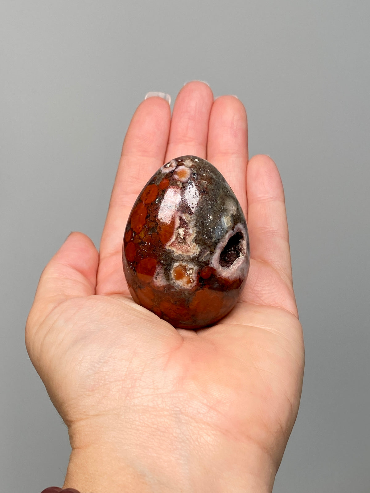 King Cobra Jasper Egg (E) | Red, Pink & Grey Cobra Jasper Crystal Egg with Vugs