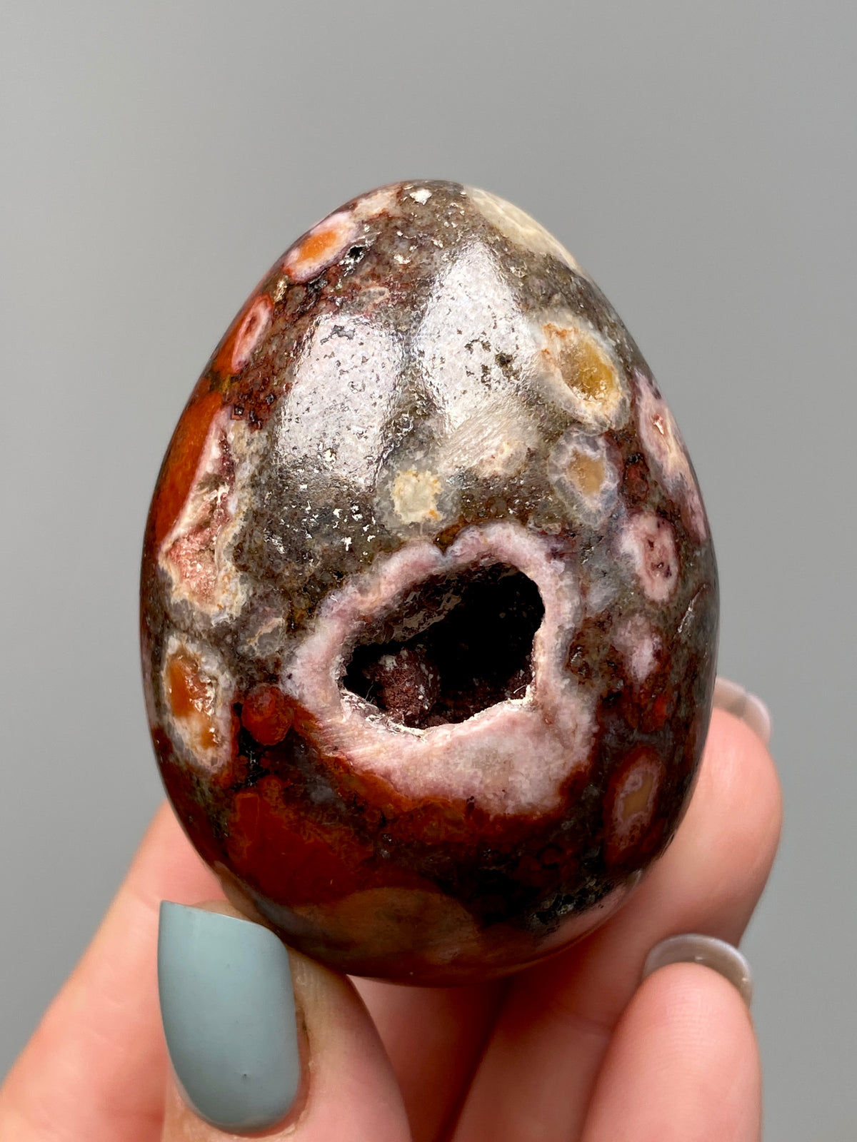 King Cobra Jasper Egg (E) | Red, Pink & Grey Cobra Jasper Crystal Egg with Vugs